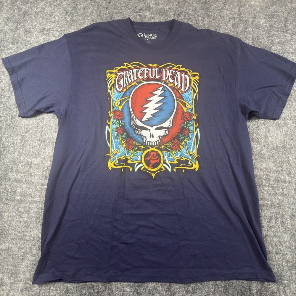 Liquid Blue Grateful Dead T Shirt Steal Your Face Skull Lightning Rock Size 2XL